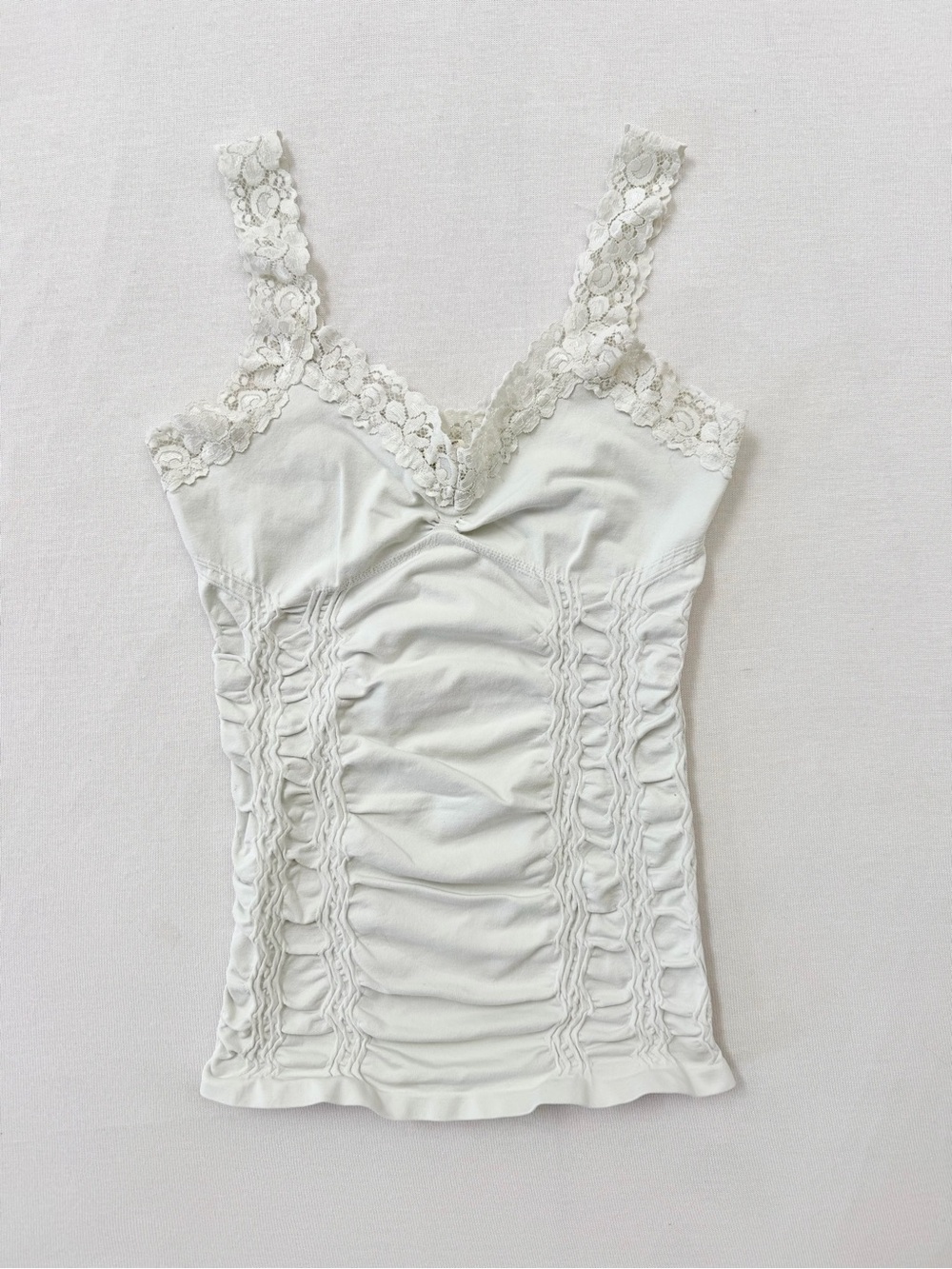 M. Rena Y2K White Lace Ruched Cami Tank Top — coquette snatching tank O/S